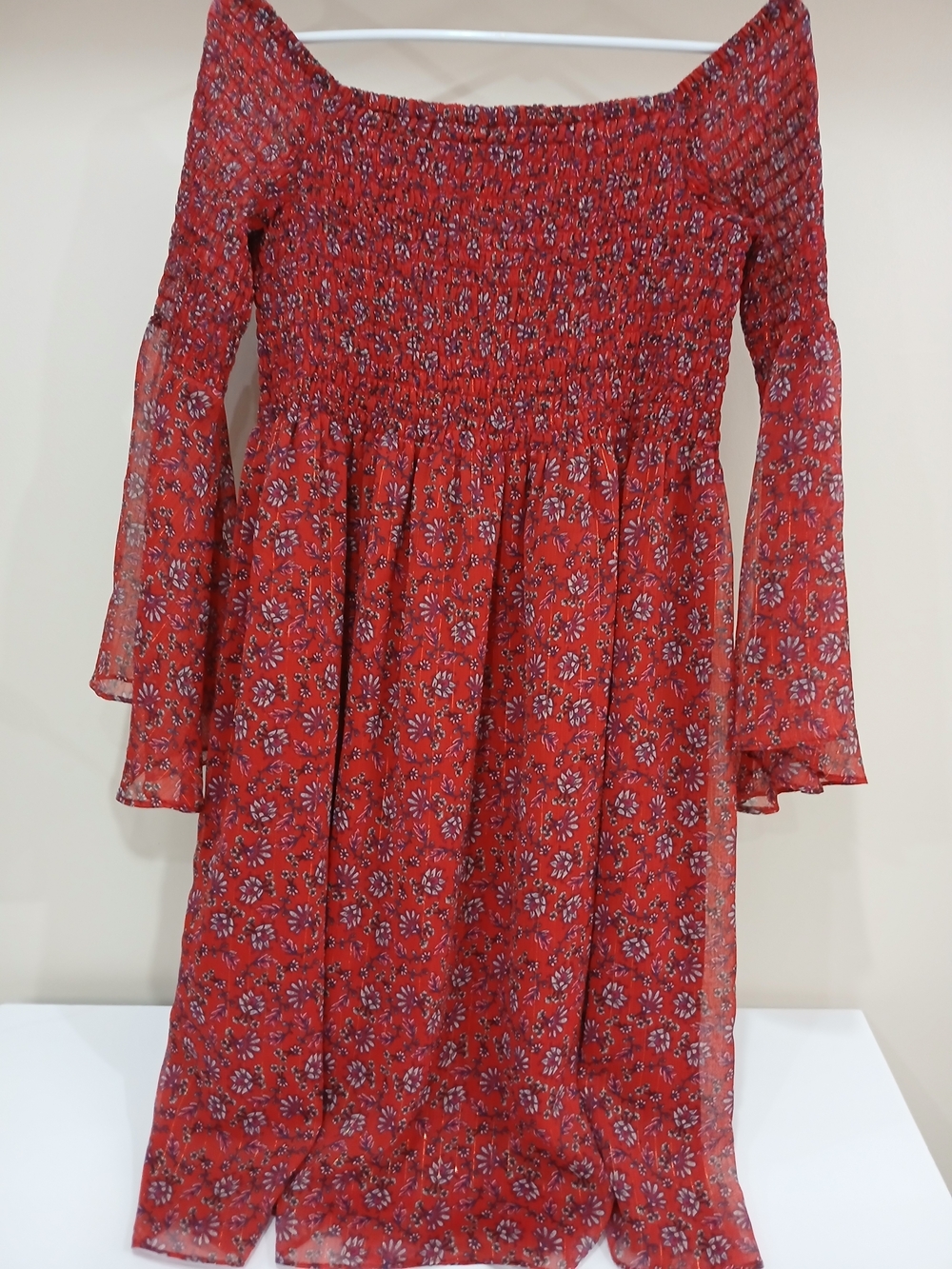 Sam Edelman Womens Red Floral Off-Shoulder Smocked Dress